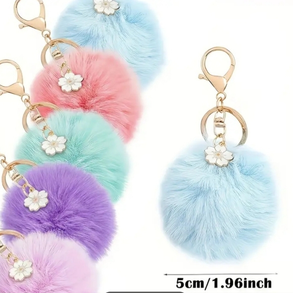 NWTluffy Pom Pom Keychain Set Of 3 - Blue, Pink, Green, Purple - Picture 2 of 6